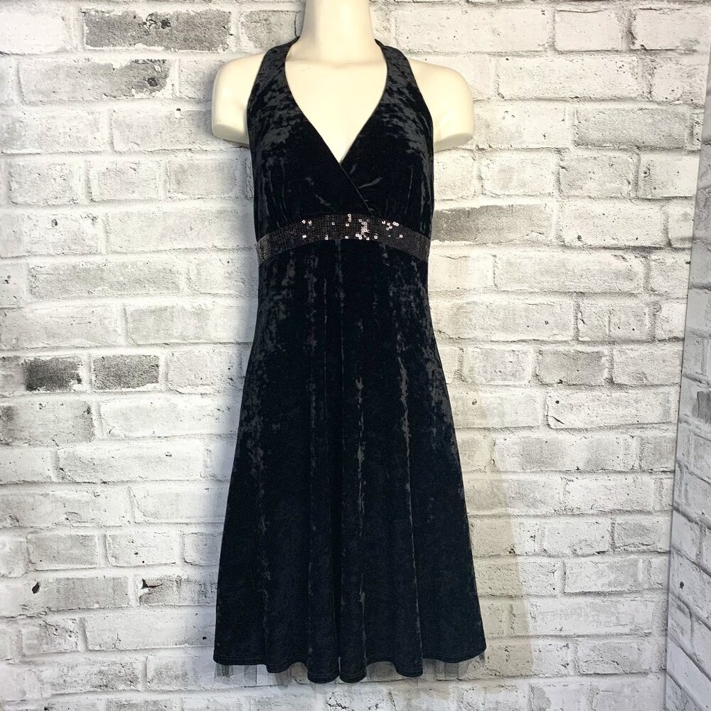 Vintage Y2K Black Crushed Velvet Babydoll Empire Waist Halter Dress